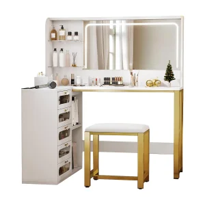 Kaptafel met verlichting – Verstelbare helderheid – Kaptafel met spiegel – Make-uptafel met krukje – 5 lades en 4 planken Kaptafel met verlichting – Verstelbare helderheid – Kaptafel met spiegel – Make-uptafel met krukje – 5 lades en 4 planken