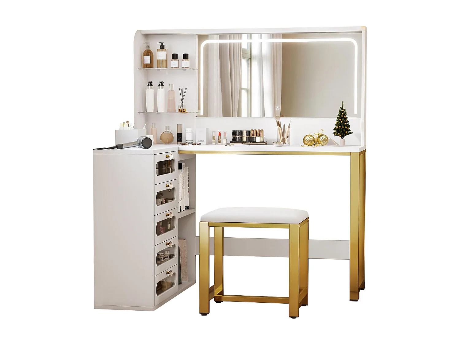 Kaptafel met verlichting - Verstelbare helderheid - Kaptafel met spiegel - Make-uptafel met krukje - 5 lades en 4 planken