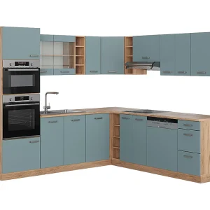 Hoekkeuken blauw-grijs/gouden eik 247x46x81.6 r-line Hoekkeuken blauw-grijs/gouden eik 247x46x81.6 r-line