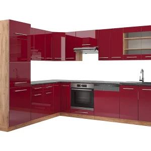Hoekkeuken bordeaux hoogglans/gouden eik 227x60x81.6 fame-line Hoekkeuken bordeaux hoogglans/gouden eik 227x60x81.6 fame-line
