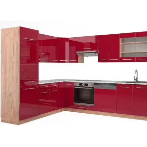 Hoekkeuken bordeaux hoogglans/gouden eik 227x60x81.6 fame-line Hoekkeuken bordeaux hoogglans/gouden eik 227x60x81.6 fame-line