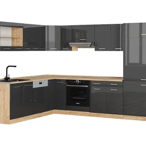 Hoekkeuken antraciet hoogglans/goud eiken 287x60x81.6 r-line Hoekkeuken antraciet hoogglans/goud eiken 287x60x81.6 r-line