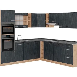 Hoekkeuken zwart beton/goud eiken 247x60x81.6 r-line Hoekkeuken zwart beton/goud eiken 247x60x81.6 r-line