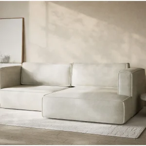 Hoekslaapbank met hoek rechts in chenille stof creme VELTO Hoekslaapbank met hoek rechts in chenille stof creme VELTO