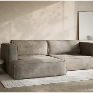 Hoekslaapbank met hoek links in chenille stof taupe VELTO Hoekslaapbank met hoek links in chenille stof taupe VELTO