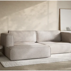 Hoekslaapbank met hoek links in geweven stof beige VELTO Hoekslaapbank met hoek links in geweven stof beige VELTO