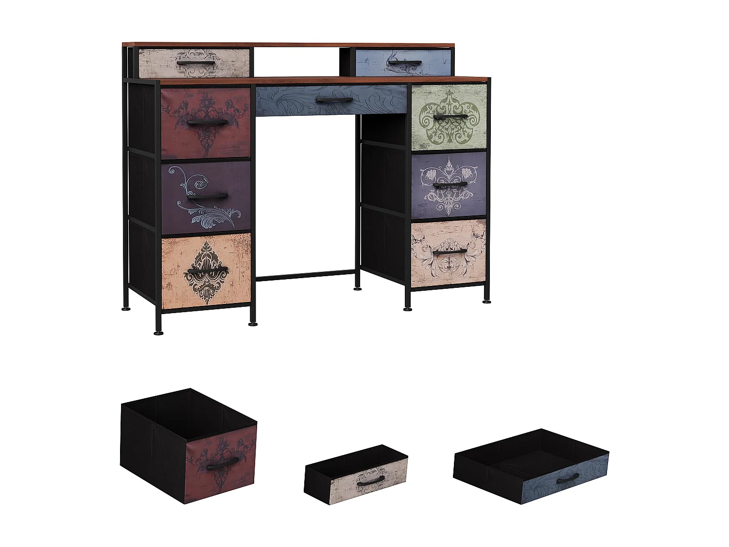 Kaptafel met 9 stoffen lades, Boheemse stijl, kaptafel, slaapkamer, lange ladekast voor in de kast, 121 x 40 x 91,2 cm
