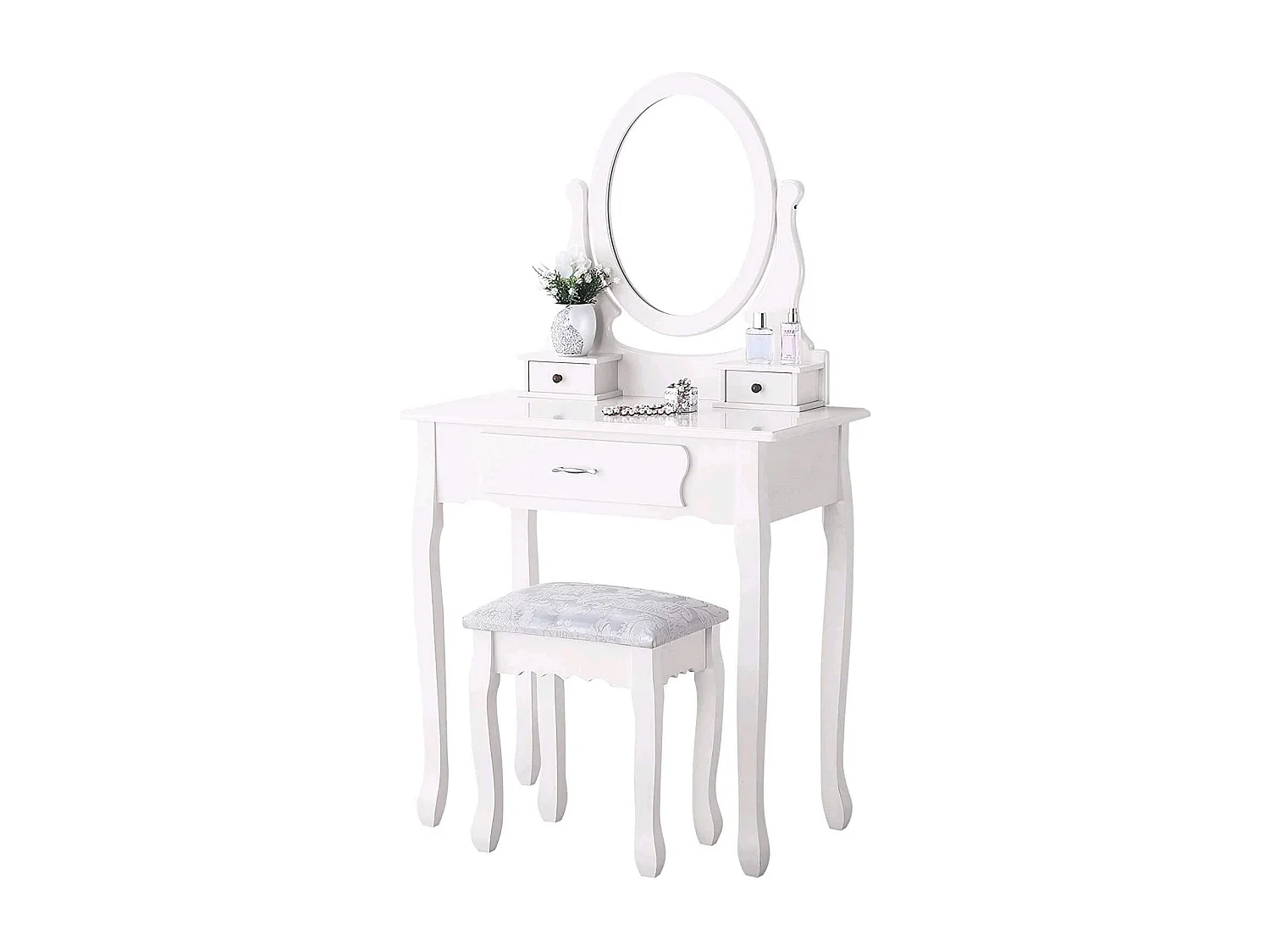 Kaptafel met krukje, 360° draaibare spiegel, 3 lades, vintage stijl, 75 x 136 x 40 cm, wit