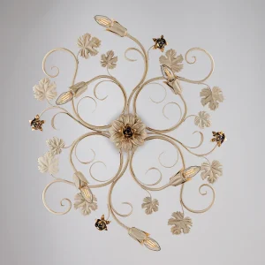 Iris Plafonnier en fer laqué ivoire décor or antique 6 lumières d.79 X 67 BL169-PL6-AV