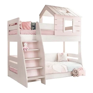 Huisjesstapelbed met trap links spaanplaat roze 90/100x200cm Huisjesstapelbed met trap links spaanplaat roze 90/100x200cm