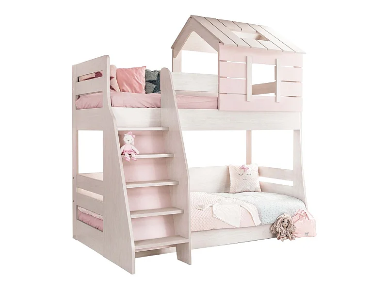 Huisjesstapelbed met trap links spaanplaat roze 90/100x200cm