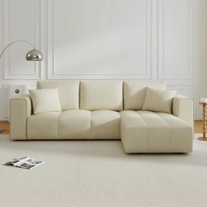 Hoekslaapbank voor 4 personen van beige fluweel BRIGHTON met opbergruimte – Eigentijds design, massief houten frame Hoekslaapbank voor 4 personen van beige fluweel BRIGHTON met opbergruimte – Eigentijds design, massief houten frame