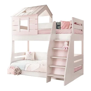 Huisjesstapelbed met trap rechts spaanplaat roze 90/100x200cm Huisjesstapelbed met trap rechts spaanplaat roze 90/100x200cm