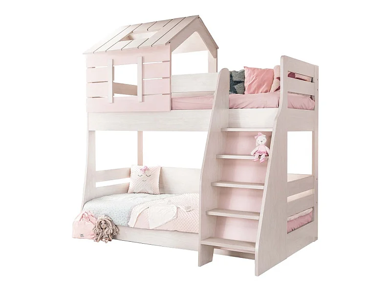 Huisjesstapelbed met trap rechts spaanplaat roze 90/100x200cm