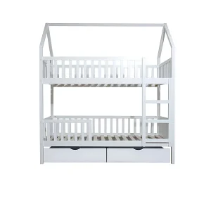 Huisjesstapelbed + 2 lades hout wit 90×190/90x190cm