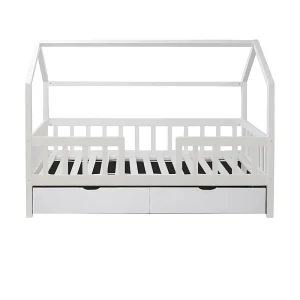 Huisbed met bedhekje + 2 lades hout wit 90×190 cm