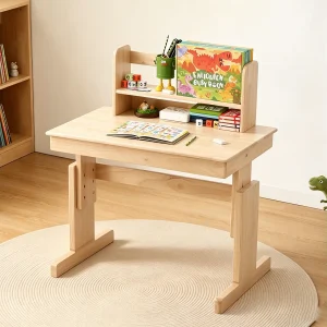 In hoogte verstelbaar kinderbureau – inklapbaar bureau – met boekensteunen – geschikt voor kinderen vanaf 6 jaar – massief hout – naturel