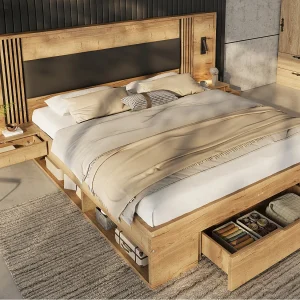 Houten tweepersoonsbed 160×200 cm – Leeslamp, 2 nachtkastjes en 3 lades – MDF – Naturel (matras niet inbegrepen) Houten tweepersoonsbed 160×200 cm – Leeslamp, 2 nachtkastjes en 3 lades – MDF – Naturel (matras niet inbegrepen)