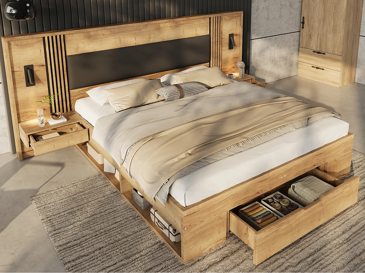 Houten tweepersoonsbed 160x200 cm - Leeslamp, 2 nachtkastjes en 3 lades - MDF - Naturel (matras niet inbegrepen)