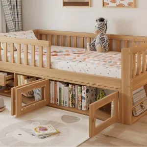 Houten kinderbed 90×200 cm – met veiligheidshekken, opbergruimte en lattenbodem – Naturel Houten kinderbed 90×200 cm – met veiligheidshekken, opbergruimte en lattenbodem – Naturel