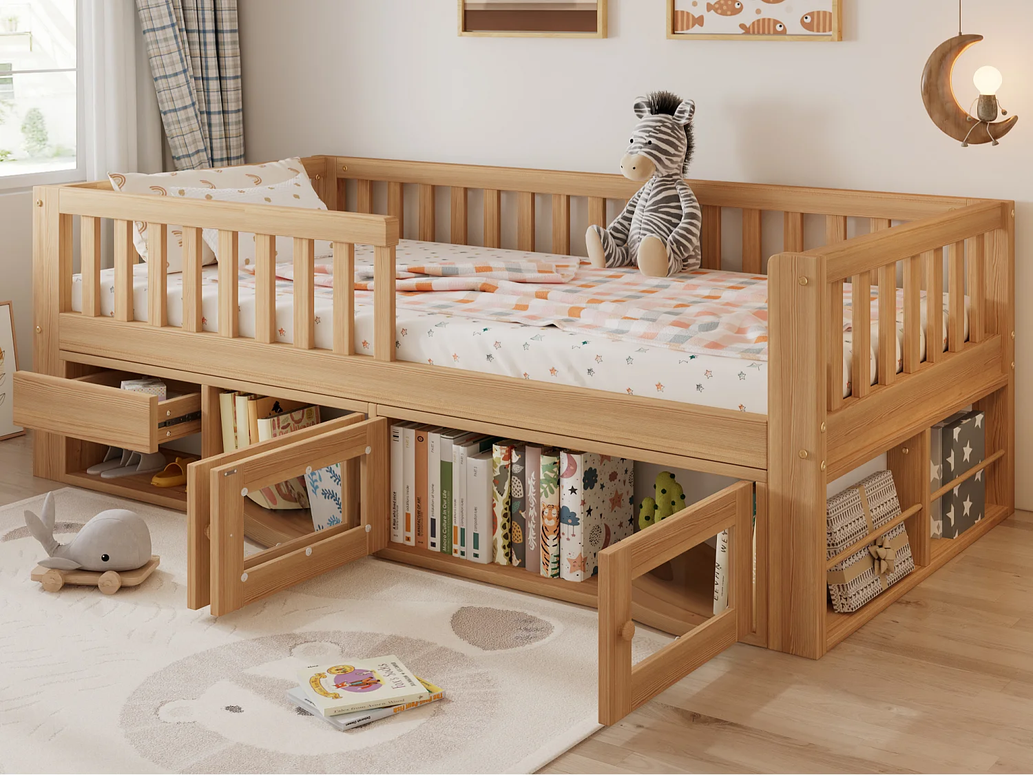 Houten kinderbed 90x200 cm - met veiligheidshekken, opbergruimte en lattenbodem - Naturel
