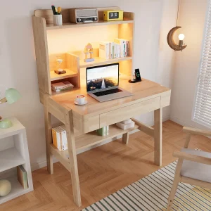 In hoogte verstelbaar kinderbureau – met LED-licht, USB-poort, 1 lade en opbergruimte – massief hout – naturel
