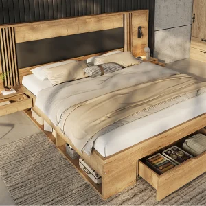 Houten tweepersoonsbed 180×200 cm – Leeslamp, 2 nachtkastjes en 3 lades – MDF – Naturel (matras niet inbegrepen) Houten tweepersoonsbed 180×200 cm – Leeslamp, 2 nachtkastjes en 3 lades – MDF – Naturel (matras niet inbegrepen)