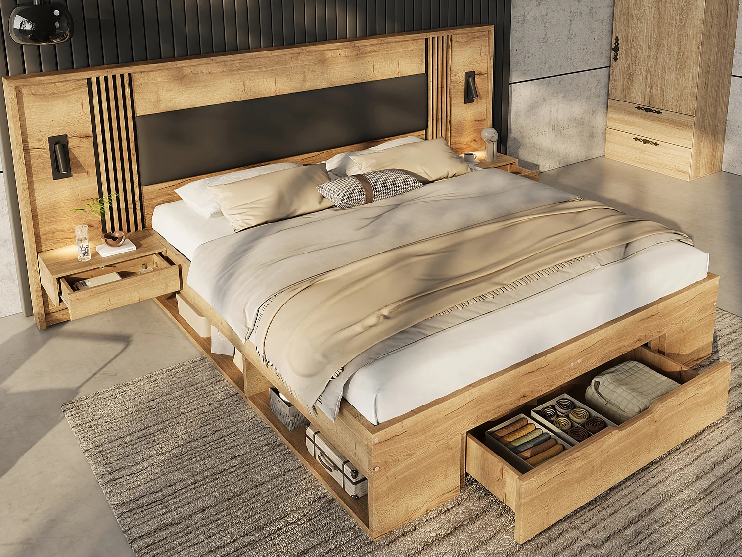 Houten tweepersoonsbed 180x200 cm - Leeslamp, 2 nachtkastjes en 3 lades - MDF - Naturel (matras niet inbegrepen)