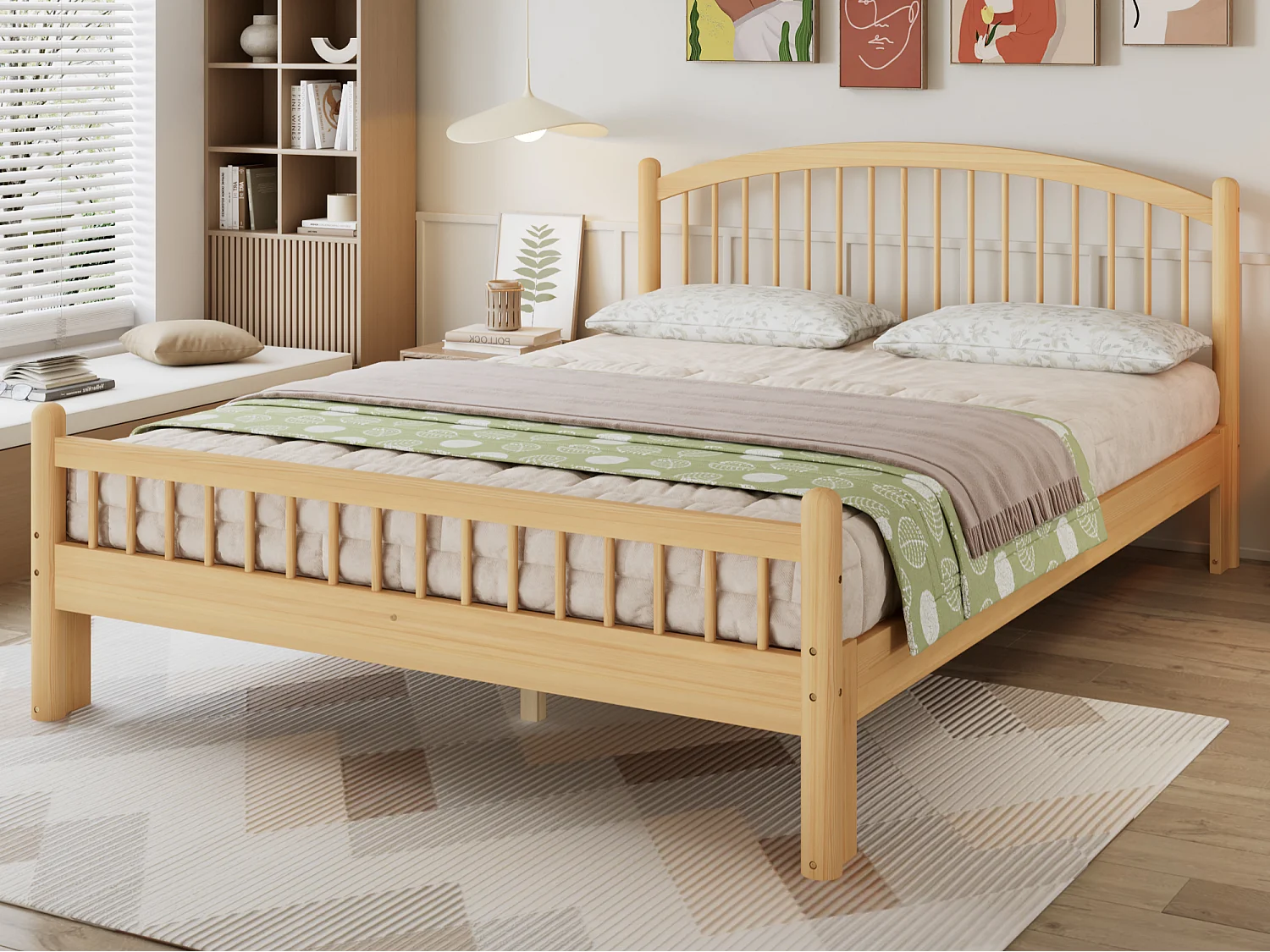Houten eenpersoonsbed 140x200 cm - hoofdbord met klassieke strepen - met lattenbodem - Naturel