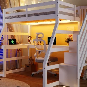 Hoogslaper van hout 90×200 cm – met bureau en opbergtrap – LED en USB-poort – MDF – Wit (matras niet inbegrepen) Hoogslaper van hout 90×200 cm – met bureau en opbergtrap – LED en USB-poort – MDF – Wit (matras niet inbegrepen)