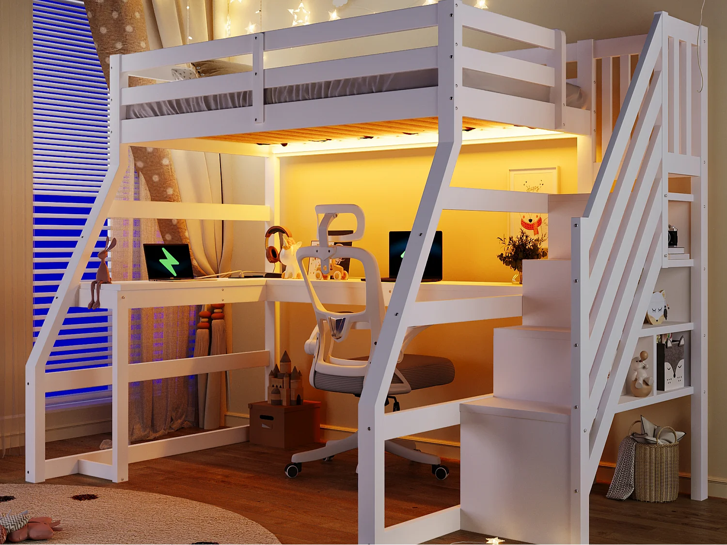 Hoogslaper van hout 90x200 cm - met bureau en opbergtrap - LED en USB-poort - MDF - Wit (matras niet inbegrepen)