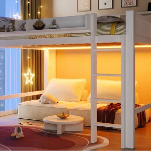 Hoogslaper van hout 140×200 cm – met opbergvakken – LED-verlichting en USB-poort – MDF – Wit (matras niet inbegrepen) Hoogslaper van hout 140×200 cm – met opbergvakken – LED-verlichting en USB-poort – MDF – Wit (matras niet inbegrepen)