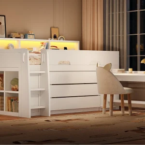 Hoogslaper 90×200 cm – met 3 lades en opbergvakken – afneembaar bureau – LED en USB-poort – Wit (zonder matras) Hoogslaper 90×200 cm – met 3 lades en opbergvakken – afneembaar bureau – LED en USB-poort – Wit (zonder matras)