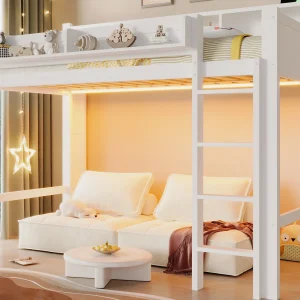 Hoogslaper van hout 90×200 cm – met opbergvakken – LED-verlichting en USB-poort – MDF – Wit (matras niet inbegrepen) Hoogslaper van hout 90×200 cm – met opbergvakken – LED-verlichting en USB-poort – MDF – Wit (matras niet inbegrepen)