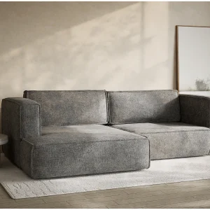 Hoekslaapbank met hoek links in chenille stof grijs VELTO Hoekslaapbank met hoek links in chenille stof grijs VELTO