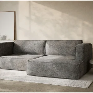 Hoekslaapbank met hoek rechts in chenille stof grijs VELTO Hoekslaapbank met hoek rechts in chenille stof grijs VELTO