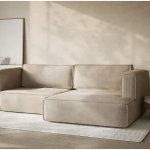 Hoekslaapbank met hoek rechts in chenille stof beige VELTO Hoekslaapbank met hoek rechts in chenille stof beige VELTO