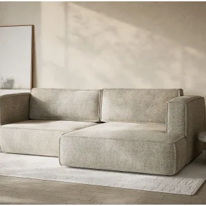 Hoekslaapbank met hoek rechts in chenille stof beige VELTO Hoekslaapbank met hoek rechts in chenille stof beige VELTO