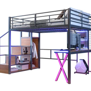 Hoogslaper 140 x 200 cm met bureau, kledingkast, planken – Sfeerverlichting – Metaal – Zwart (zonder matras)