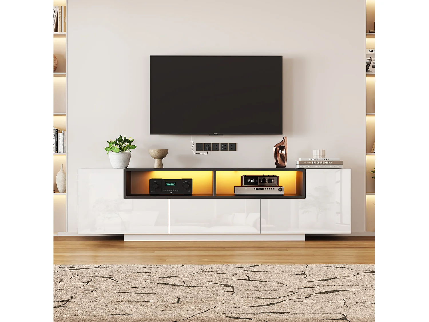 Hogglans TV-meubel 180×40×48 cm - met LED-verlichting - 1 la en 2 deuren - voor 75 inch televisies - wit