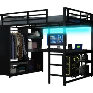 Hoogbed 140×200 cm – met LED – met bureau en open kast – Metaal – Zwart (zonder matras) Hoogbed 140×200 cm – met LED – met bureau en open kast – Metaal – Zwart (zonder matras)