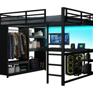 Hoogbed 160×200 cm – met LED – met bureau en open kast – Metaal – Zwart (zonder matras) Hoogbed 160×200 cm – met LED – met bureau en open kast – Metaal – Zwart (zonder matras)