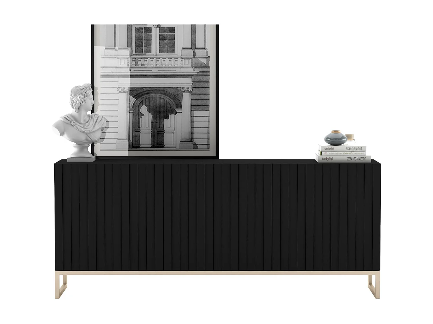 Kast met 3 deuren - Mat zwart lichaam, geribbelde fronten Mat zwart - 168 cm, metalen frame