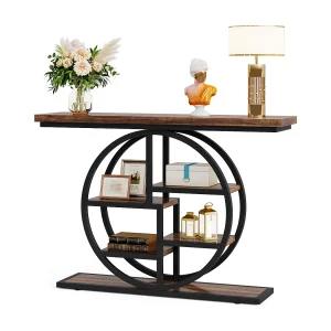 Industriële consoletafel met 6 lagen en ronde voet – smalle houten bijzettafel met opbergplanken voor de woonkamer Industriële consoletafel met 6 lagen en ronde voet – smalle houten bijzettafel met opbergplanken voor de woonkamer