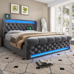 Hydraulisch bed voor volwassenen 160 x 200 cm, met ledverlichting, USB- en Type-C-poorten, grijs, fluweel (zonder matras)