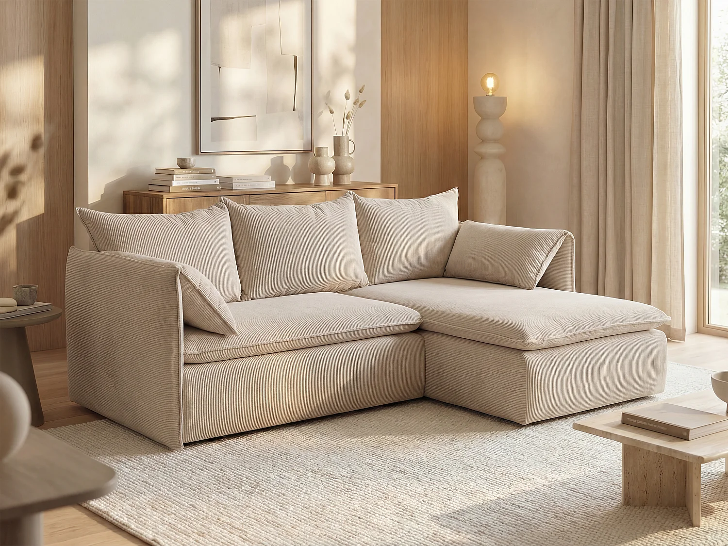 Hoekslaapbank TEODORA van PASCAL MORABITO - Ribfluweel - Beige - Hoek rechts - Koop online