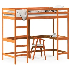 Hoogslaper met bureau massief grenenhout wasbruin 90×190 cm Hoogslaper met bureau massief grenenhout wasbruin 90×190 cm
