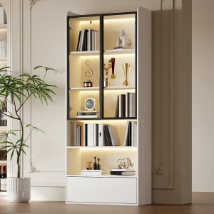 Hoge glazen vitrinekast – 80 x 34 x 180 cm – met 1 lade + glazen deuren + LED-verlichting + open schap – MDF + glas – wit Hoge glazen vitrinekast – 80 x 34 x 180 cm – met 1 lade + glazen deuren + LED-verlichting + open schap – MDF + glas – wit