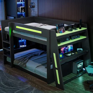 Houten stapelbed voor kinderen – 140 x 200 cm – met bureau + opbergplanken + USB + LED's – MDF – Zwart Houten stapelbed voor kinderen – 140 x 200 cm – met bureau + opbergplanken + USB + LED's – MDF – Zwart