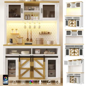 Hoog keukendressoir – 120 x 40 x 174,5 cm – met USB-poort, LED-verlichting, deuren en planken – MDF – wit Hoog keukendressoir – 120 x 40 x 174,5 cm – met USB-poort, LED-verlichting, deuren en planken – MDF – wit